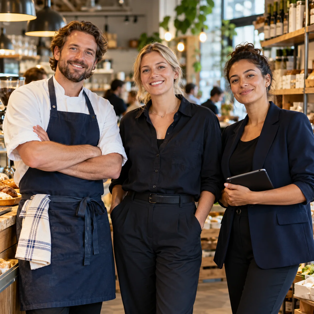 Tre personer från restaurang och service står tillsammans på arbetsplatsen