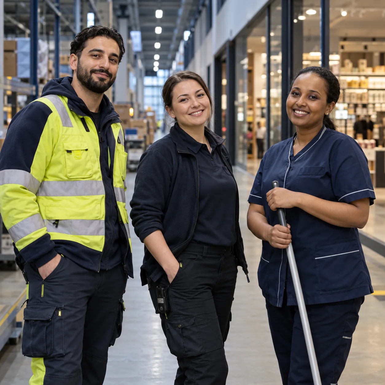 Lagerarbetare, butiksmedarbetare och lokalvårdare på jobbet
